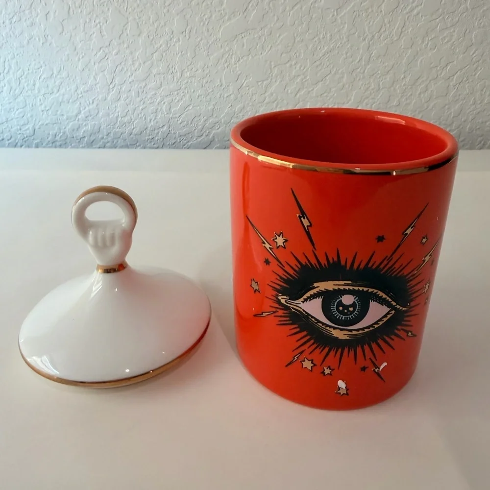 Whimsical Goth Evil Eye small Ceramic Jar Orange White Gold Eclectic Decor